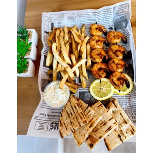 Shrimp Souvlaki Platter ; Delicious, fresh and the tzatziki is great !!!