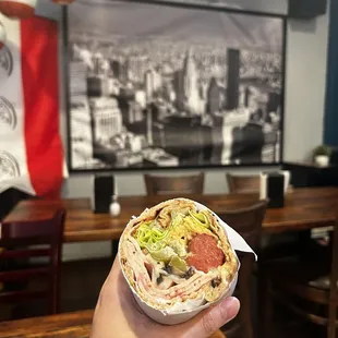 a hand holding a burrito