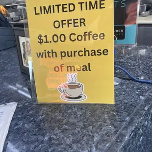 Sign that offers the $1 coffee