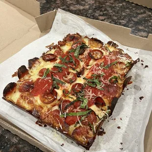 Detroit style pepperoni pizza