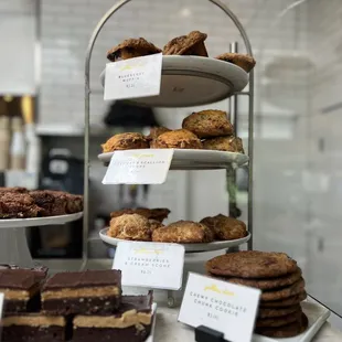 a display of cookies and pastries