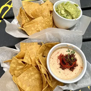 House-made Chips &amp; Guacamole, and House-made Chips &amp; Queso with Chorizo