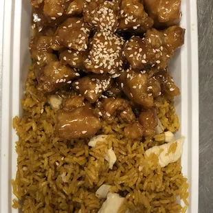 Sesame chicken combination with chicken fried rice