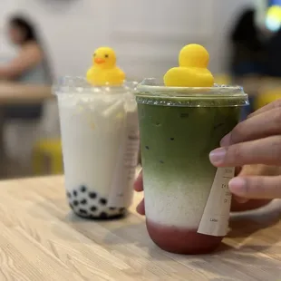 Banana and strawberry matcha drinks