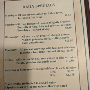 a menu for daily specials