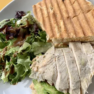 Chicken Panini (grilled chicken breast, sun-dried tomato, artichoke hearts, fontina cheese, pesto, house spread, ciabatta); IG: @katzlundell