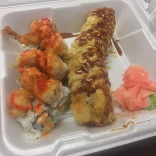 Shrimp Lovers Roll (left) and Flower Roll (right)