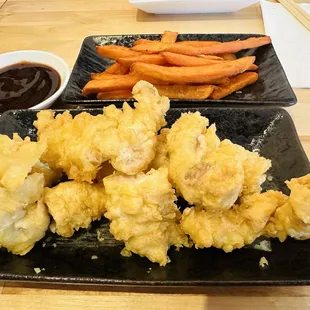 Chicken tempura and sweet potato fries.