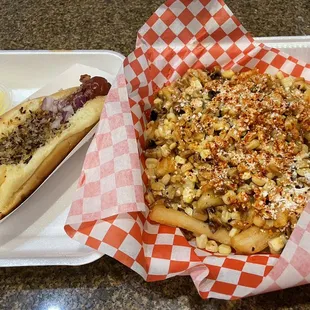 Hawaiian hot dog and loaded Elote fries.