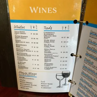 a menu for wines