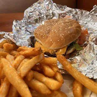 a hamburger and french fries