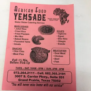 the menu for the restaurant