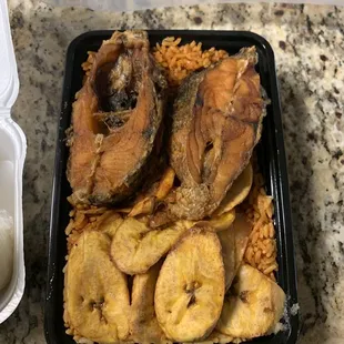 Fish, Jollof and plantains