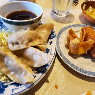 Steamed dumplings app; and the eggroll/crab Rangoon that comes with dinner