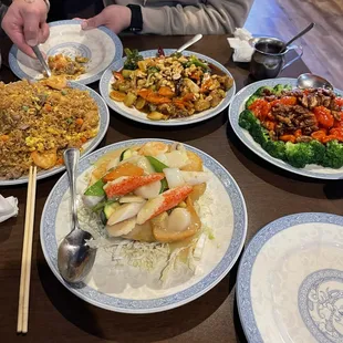 House fried rice, kung pao chicken, birds nest and "walnut shrimp"