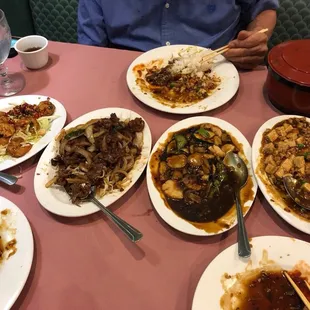 Mongolian beef, Yui Shan Scallops, Kung Pao Shrimp, and Ma Po Tofu