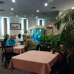Main dining room with salt-water fish tank.