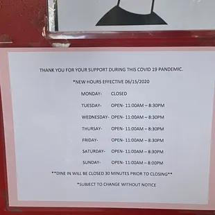 Hours for the business