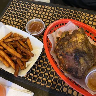 Sweet potato fries &amp; fried chicken.
