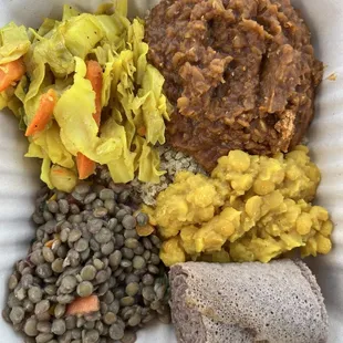 Tikil Gomen, Misir Wot, Ater Kik, Injera, Lentil Salad