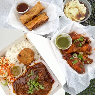 Rendang/beef curry combo, Martabak, wings with bbq sauce, and match rice pudding