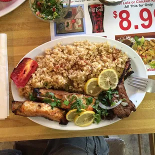 My combo plate with grilled sturgeon, lamb with bulgar rice and bell pepper.