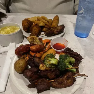 skewers, Sweet and Sour Chicken, crab, crawlfish, beef and broccoli, salt and pepper steak