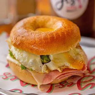 Breakfast Bagel - Ham, cheese, fried egg and smash avocado