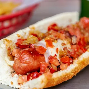 YES! Hot Dog - ham, american cheese, crispy bacon, tomato, cooked red pepper &amp; onions and mayo.