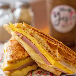 Tostada Egg Sandwich - Ham, Cheese &amp; Scrambled Egg.