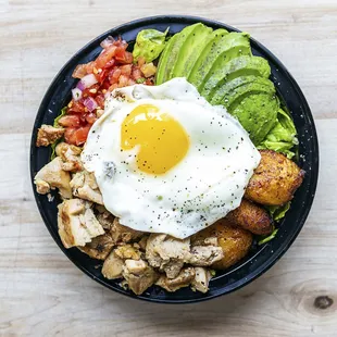 Yes! Bowl - Chicken breast, rice, pico de gallo, plantains, lettuce and avocado toppped with a fried egg.