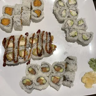 Top to bottom:  Spicy Salmon Roll &amp; California roll Chicken Tempura Roll Alaskan Roll