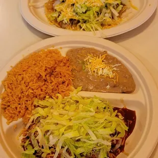 Enchiladas and rice and beans with beef tostada #7