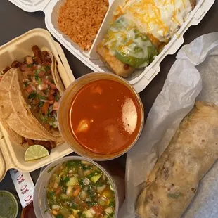 Al pastor, asada chimichanga, veggie cali burrito, menudo