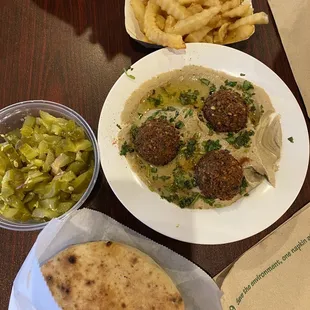 Hummus Falafel Plate with a side of pickles