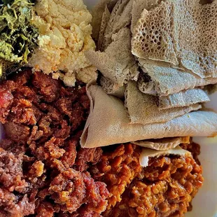 Yeshi Kitfo - Gomen Kitfo - Finely Chopped Collard Green - Misir - Split Red Lentil Stew -- Ayib - Ethiopian Cottage