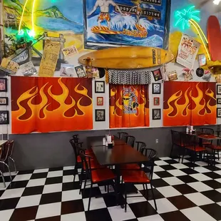 a restaurant with a checkered floor