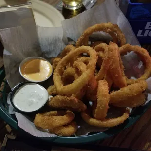 Onion rings and boom boom sauce