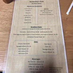 Breakfast menu