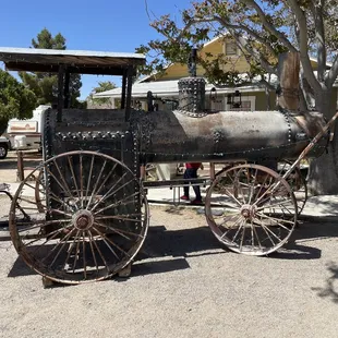 Old mining equipment out front.