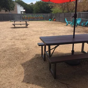 a picnic table and umbrella