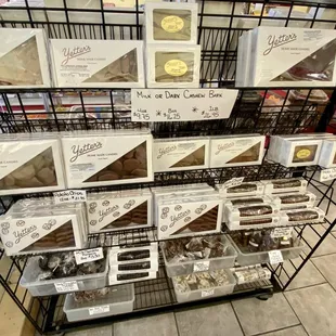 Chocolate-covered cashew bark, potato chips, and pretzels