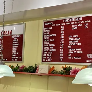 Menus of ice creams and sandwiches