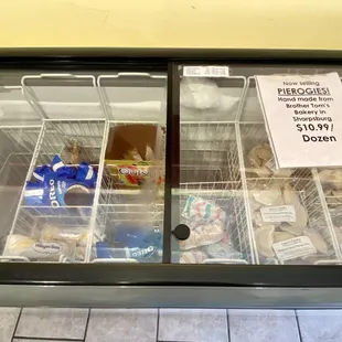 Freezer of packaged ice creams and pierogies
