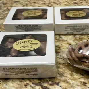 Chocolate-covered turtles, cherries, raisins, and pretzels