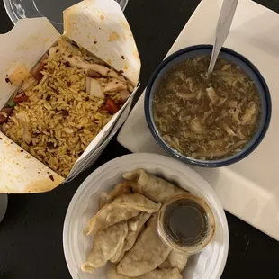 Fried Dumplings, Hot and Sour Soup, House Special Fried Rice