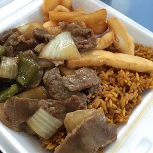 Pepper Steak, fries, &amp; Fried Rice. Looks better than it tastes.