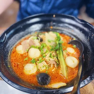 beef bone broth, egg noodles, fish ball, wood ear mushrooms, napa cabbage, beef, quail eggs, tofu