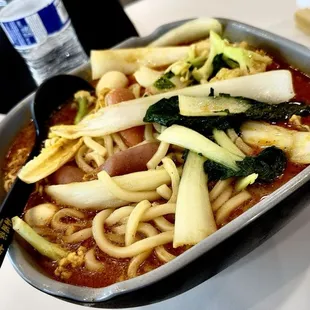 Spicy Bone Broth w/ Instant Noodle, Udon, Sausage, Napa Cabbage, Bok Choy, Cauliflower, Quail Eggs