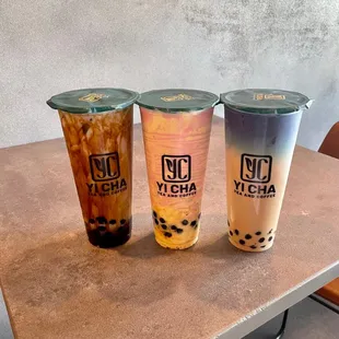 Brown sugar boba milk tea, Strawberry Creme Brulee, Yi Cha Milk Tea